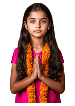 Young Girl with Hands Together in Prayer Wearing Bright Pink Top png