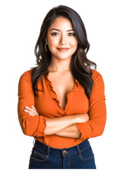 Confident Young Woman in Bright Orange Top with Arms Crossed png