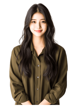 Young Woman with Long Hair in Olive Green Shirt Smiling at Camera png