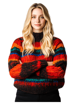 Young Woman Wearing Colorful Knitted Sweater with Confident Pose png
