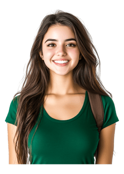 Smiling young woman with long hair in green shirt and backpack png