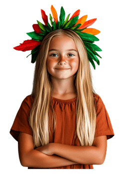 Joyful Girl with Colorful Leaf Headpiece and Confident Smile png