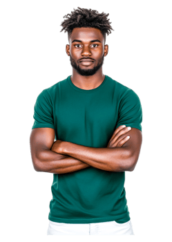 Confident Young Man with Arms Crossed in Green T-Shirt Portrait png