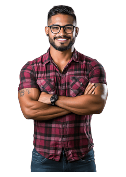 Handsome Man in Glasses with Crossed Arms Wearing Red Plaid Shirt png