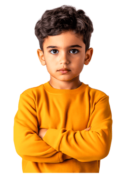 Serious Young Boy in Orange Shirt with Arms Crossed and Focused Expression png