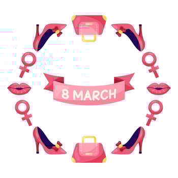 March 8 Women's Day Round frame with high heels and a bag. Different Elements on white background. illustration. vector