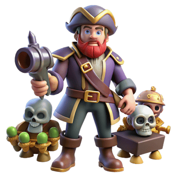 3D Cartoon Pirate Captain with Skulls and Cannon png