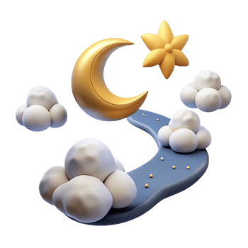 3D Render of a Dreamy Night Sky Illustration with Golden Crescent Moon, Star, and Fluffy Clouds on a Blue Pathway png