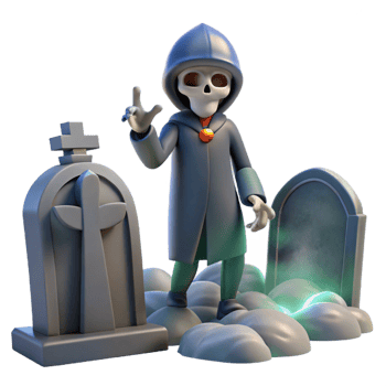 3D Render of a Cartoon Skeleton in a Hooded Robe Standing Near Tombstones Halloween Illustration png