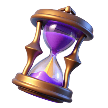 3D Render of a Purple and Gold Hourglass Time Measurement, Sandglass, Conceptual Art, Digital Illustration, Time Passing, Abstract 3D, Flowing Sand, Golden Frame, Purple Sand, Time Concept png