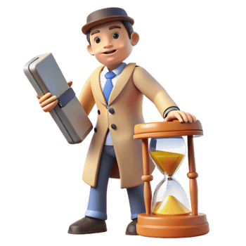 3D Illustration Time Management Detective with Hourglass and Case File png