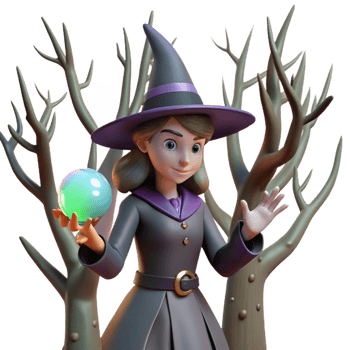 Enchanted 3D Render of a Young Witch with Crystal Ball in a Mystical Forest Setting png