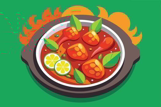 Delicious Hot Pot Dish with Spicy Meat and Herbs vector