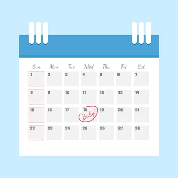 Baby boy countdown. Calendar with circled date and pacifier. Pregnancy concept. vector