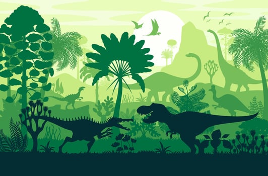 Dinosaur silhouettes in jungle forest, dino fight vector