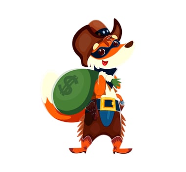 Cartoon fox wild west cowboy with a bag of money vector