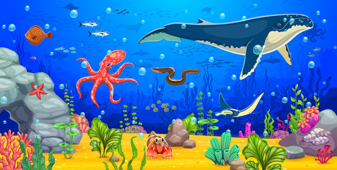 Cartoon underwater landscape with humpback whale vector