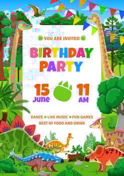 Birthday party flyer with funny reptile dinosaurs vector