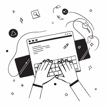 Hands on Abstract Glossy Keyboard with Abstract Background concept as Hands typing on an abstract glossy keyboard with an abstract digital background highlighting remote work techn pure vector