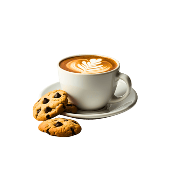 A cup of coffee and cookies on a saucer png