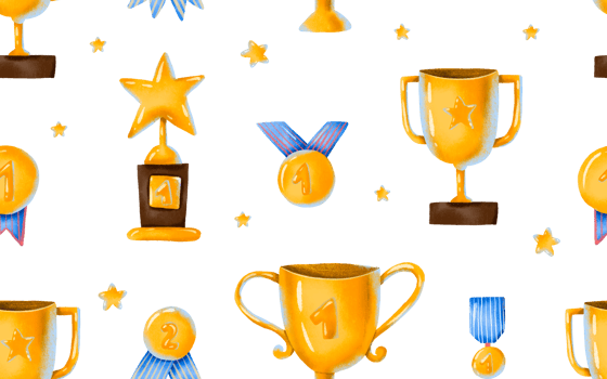 Seamless background with golden trophy, winner cup, medals with ribbons. Prize, sport competition hand drawn cartoon pattern png