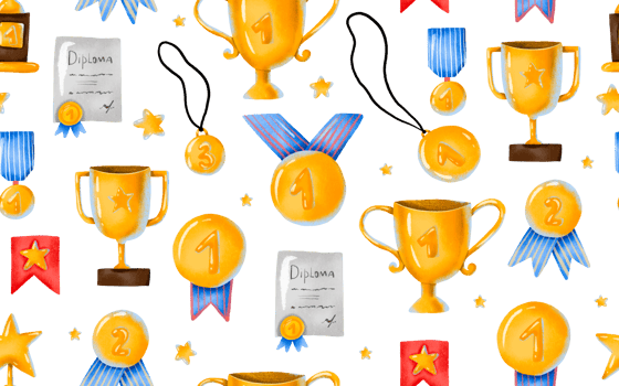 Seamless background golden trophy, winner cup, medals with ribbons, diploma, stars. Prize, sport competition hand drawn cartoon pattern. Championship png