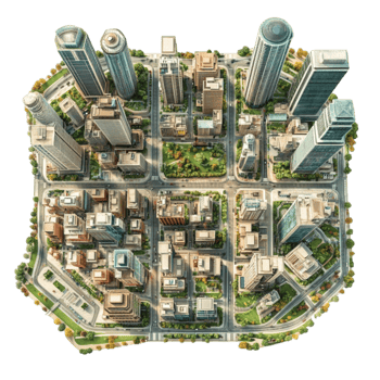 A city with tall buildings and trees png