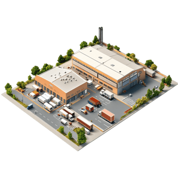 An isometric view of a warehouse with trucks and cars png