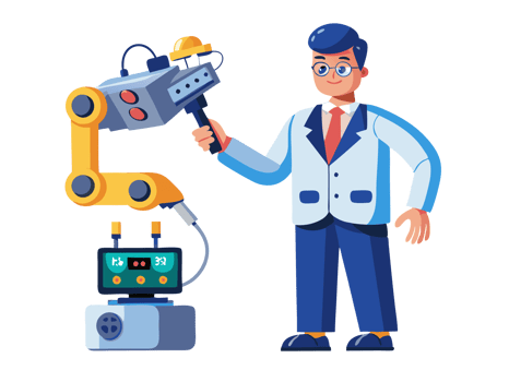 Robotics engineer mastering a robotic hand, innovation studio, digital illustration, bright and engaging environment, dynamic perspective, modern technology png