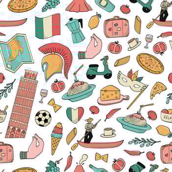 Italy doodles, italian cartoon elements seamless pattern for wallpaper, scrapbooking, digital paper, textile prints, wrapping paper, etc. EPS 10 vector