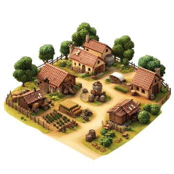 A village with a farm and a house png