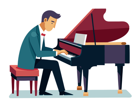 Concert pianist playing grand piano at a classical music event in a cozy venue captivating audience with deep melodies png