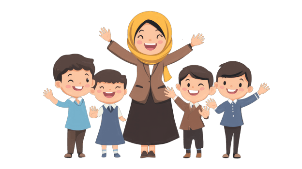 Joyful cartoon illustration of a teacher and her four happy students perfect for educational websites and children's books png
