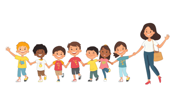Cute cartoon illustration of diverse children holding hands and walking with their teacher Perfect for children's books websites or educational materials png