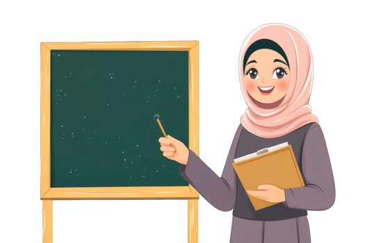 Smiling girl in hijab holds a book and points to a blackboard png