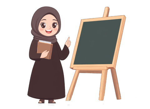 A cheerful Muslim girl teacher stands by a blackboard holding a book perfect for educational resources and children's illustrations png