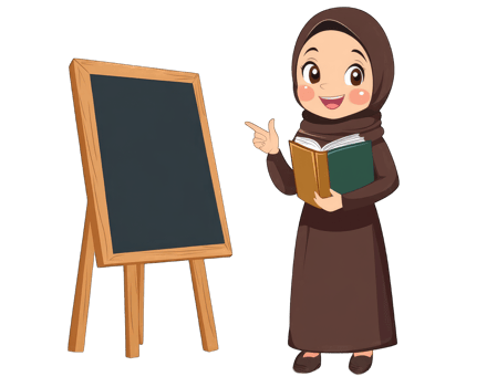 Smiling girl in hijab holds a book and points to a blackboard transparent background png