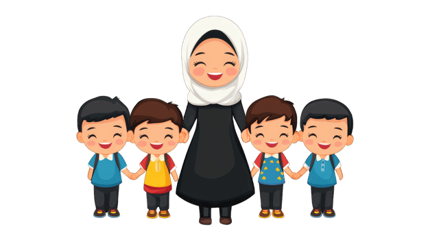 A cheerful illustration of a Muslim teacher and her four smiling students holding hands Perfect for educational resources or children's books png