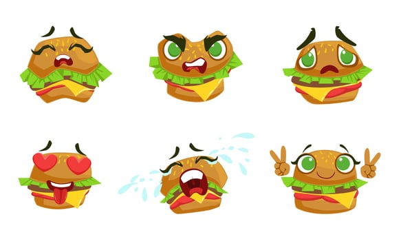 Cute Kawaii Hamburger Cartoon Character with Different Emotions Set, Funny Burger Emoticons Illustration vector