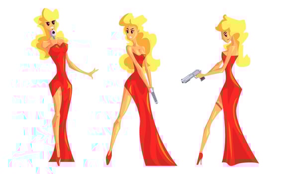 Blonde Woman in Red Dress Set, Beautiful Female Secret Agent Illustration vector