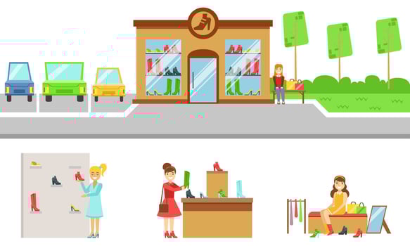 People Shopping for Shoes in Store Set, Shoe Shop Building and Interior Elements Illustration vector