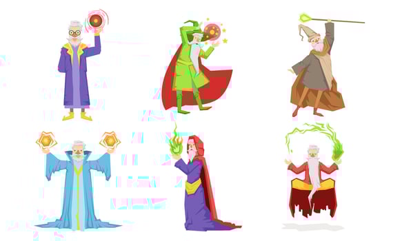Old Wizard Characters Set, Male Magician or Warlock in Hat and Mantle Practicing Wizardry Illustration vector