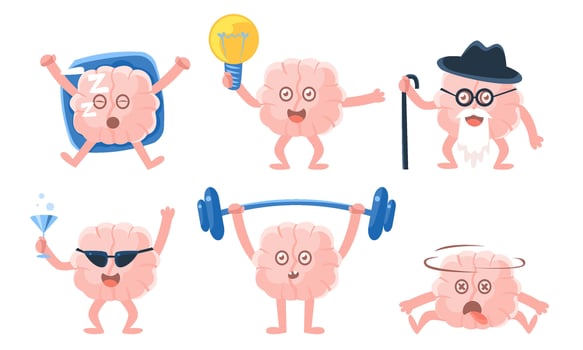 Human Brain Characters in Different Situations, Funny Cartoon Emoticons Illustration vector