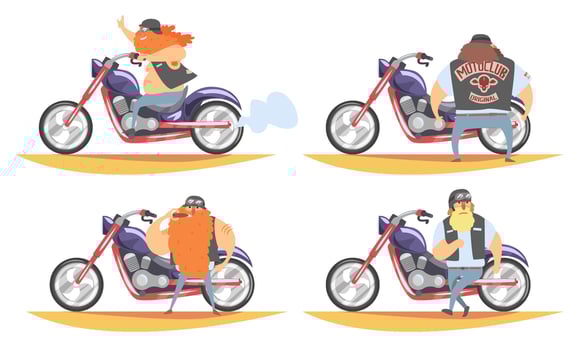 Brutal Biker Character Riding Motorbike Set, Motorcyclist in Black Leather Vest and His Motorcycle, Side View Illustration vector
