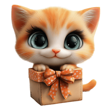 Cute cartoon cat with big eyes in gift box, expressing joy and playfulness. Perfect for children themes and festive occasions png