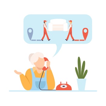 Elderly woman calls workers who rearrange furniture illustration vector