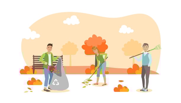 People Volunteers Cleaning up Autumn Leaves in the City Park Illustration vector