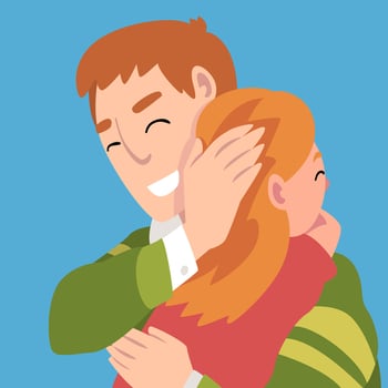 Father hugs daughter, holds a hand on her head cartoon illustration vector