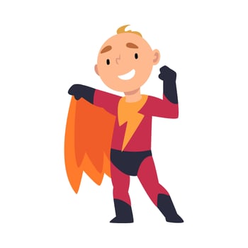 Boy in superhero costume dancing cartoon illustration vector