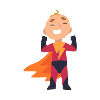 Boy in a superhero costume rejoices holding his fists up cartoon illustration vector